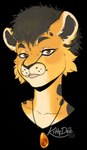 afro amber_(material) anthro black_hair brown_eyes collarbone curly_hair fangs female fur hair jewelry looking_at_viewer markings necklace open_mouth simple_background smile solo spots spotted_body spotted_fur teeth yellow_body yellow_fur kittydee khanrah_nerdean cheetah felid feline mammal amber_(disambiguation) digital_media_(artwork) headshot_portrait hi_res portrait