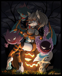 ambiguous_gender anthro beads bracelet breasts clothing collar detailed_background ear_tuft female food footwear fruit fur group holidays jack-o'-lantern jewelry legwear looking_at_viewer night pawpads piercing plant pumpkin red_eyes sitting smile socks toeless_footwear toeless_socks tongue tongue_out tongue_piercing tuft white_body white_fur yellow_sclera nante-p halloween nintendo pokemon jiyoki canid canine fox gastly generation_1_pokemon generation_2_pokemon generation_7_pokemon ghost haunter mammal mimikyu misdreavus pokemon_(species) spirit absurd_res hi_res