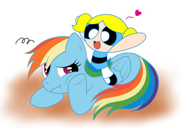 blue_body blue_fur duo female feral fur hair heart_symbol multicolored_hair multicolored_tail rainbow_hair rainbow_tail riding straddling tail garamumasara cartoon_network friendship_is_magic hasbro my_little_pony powerpuff_girls bubbles_(powerpuff_girls) rainbow_dash_(mlp) equid equine horse human mammal pony absurd_res crossover hi_res