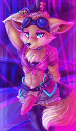 abs abstract_background animal_genitalia animal_penis anthro athletic athletic_male blush bodily_fluids bulge canine_genitalia canine_penis chest_tuft clothing cosplay crop_top erection eyeshadow eyewear femboy fur genitals gloves goggles handwear knot leggings legwear looking_at_viewer makeup male midriff penis pink_clothing pink_eyeshadow pink_shirt pink_topwear pole shirt solo sweat tan_body tan_fur topwear tuft dimwitdog hi-rez_studios paladins_(game) pip_(paladins) canid canine fox mammal 2018 absurd_res digital_media_(artwork) hi_res