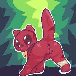 aged_down bandage blush butt collar female feral fur genitals raised_tail red_body red_fur solo tail vulva young rain_world videocult artificer_(rain_world) slugcat 1:1 digital_media_(artwork) pixel_(artwork)