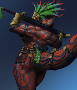 anthro back_muscles big_tail feathers female gold_(metal) gold_jewelry jewelry macuahuitl markings mask melee_weapon muscular muscular_anthro muscular_female rear_view red_body red_scales scales solo tail tribal tribal_markings weapon weapon_on_shoulder glewes cobra deity reptile scalie snake hi_res