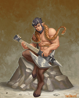 ambiguous_gender axe_guitar beard black_hair brown_body brown_fur duo facial_hair feral fur guitar hair hooves horn looking_at_viewer male muscular muscular_male musical_instrument on_rock playing_guitar playing_music plucked_string_instrument rock sitting sitting_on_rock string_instrument vanharmontt humanoid reptile satyr scalie snake 2023 absurd_res digital_media_(artwork) hi_res