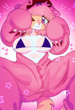 :3 anthro blood blood_on_claws bodily_fluids bra breasts chin_piercing claws cleavage clothed clothing eyelashes facial_piercing female hair heart_eyes heart_symbol looking_at_viewer navel nose_piercing onesie piercing pink_hair pubes solo star tail underwear unzipped zipper hamsterscooter felid feline mammal 2025 digital_drawing_(artwork) digital_media_(artwork) hi_res pink_theme