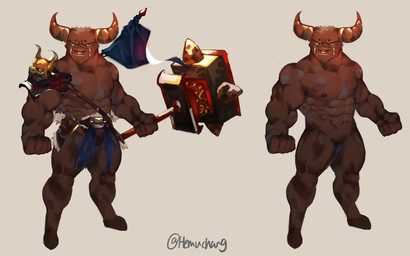 2_horns anthro big_muscles biped brown_body brown_fur fur hammer holding_hammer holding_object holding_tool horn male muscular muscular_anthro muscular_male solo tools hemuchang bovid bovine cattle demon mammal 16:10 2020 hi_res model_sheet widescreen
