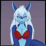 anthro blue_body blue_skin breast_squish breasts clothing eyeshadow female green_eyes hair half-closed_eyes long_hair looking_at_viewer makeup narrowed_eyes sharp_teeth solo squish tail teeth tongue tongue_out underwear white_hair boiful bandai_namco digimon mythology femacendramon digimon_(species) dragon flamedramon mythological_creature mythological_scalie scalie 1:1 2019 hi_res