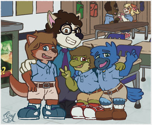 anthro classroom clothing female group male school school_uniform student teacher uniform young poorsal deacon_(poorsal) james_salamandre mr._digsy_(poorsal) simon_(poorsal) amphibian avian bird bluebird canid canine canis domestic_dog mammal mustelid oscine otter passerine salamander thrush_(bird) hi_res