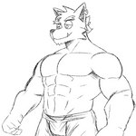 anthro bottomwear clothed clothing eyebrows fur hair male muscular muscular_anthro muscular_male pants piercing slutty_face smile smug snout solo teeth thick_eyebrows topless topless_anthro topless_male vaggo canid canine canis mammal wolf 1:1 hi_res monochrome