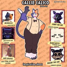 anthro bottomwear bow_tie breasts brown_clothing button_(fastener) cheek_spots cheek_tuft clothing collared_shirt dress_shirt electronics eyelashes facial_markings facial_tuft fangs female fur gesture gloves hand_on_hip handwear happy head_markings head_tuft long_tail looking_at_viewer machine male markings microphone microphone_stand multicolored_body multicolored_fur neck_tuft open_mouth orange_body orange_fur outline overweight overweight_female purple_body purple_fur shirt simple_background slightly_chubby slightly_chubby_female snout snout_markings solo split_color standing suspenders tail teeth text tongue toony topwear tuft two_tone_body two_tone_fur waving waving_at_viewer white_body white_fur white_outline jazzydeetective caravan_palace epic_games five_nights_at_candy's five_nights_at_freddy's fortnite lone_digger scottgames the_return_to_freddy's callie_calico cindy_(fnac) fan_character meowscles animatronic calico_cat domestic_cat felid feline felis human mammal robot 1:1 artist_name english_text hi_res model_sheet reference_image signature