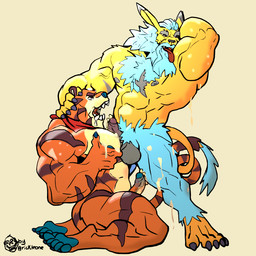 armpit_fetish armpit_lick armpit_play barazoku blue_pawpads bodily_fluids cum cum_on_face digimon_oc entwined_tails genital_fluids kerchief licking male mascot muscular oral orange_body pawpads pecjob pecs sex stripes tail tail_coil tongue rickleone bandai_namco digimon frosted_flakes kellogg's tony_the_tiger digimon_(species) felid leomon lion mammal pantherine tiger