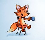 anthro beverage bow_tie chair coffee coffee_mug cute_fangs fangs female fur furniture orange_body orange_fur simple_background smile solo teeth el_senor_erizo antoinette_(el_senor_erizo) canid canine fox mammal colored