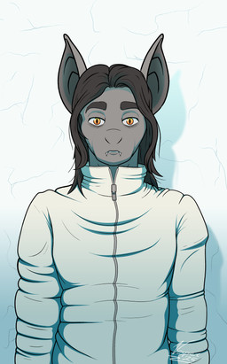 anthro blank_stare clothing cracks dark_hair eye_bags fangs grey_body hair long_hair looking_at_viewer male orange_eyes shirt simple_background solo teeth topwear white_clothing white_shirt white_topwear zipper vesper_thee_bat vesper_thee_bat_(character) bat mammal 2025 absurd_res cel_shading hi_res shaded signature