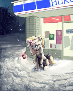 apron beverage clothing coffee confusion female feral horn looking_at_viewer magic mature_female outside sitting snow snowing solo timidangel friendship_is_magic hasbro my_little_pony mythology fuguang lyra_heartstrings_(mlp) equid equine mammal mythological_creature mythological_equine unicorn 4:5 absurd_res hi_res