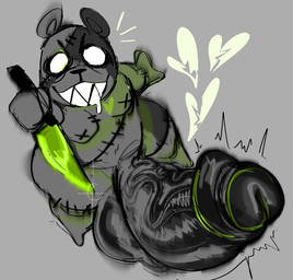 anthro balls big_balls big_penis bodily_fluids butcher_knife dripping drooling erection foreskin genitals grey_background grin half-closed_eyes heart_symbol huge_balls huge_penis humanoid_genitalia humanoid_penis hyper hyper_balls hyper_genitalia hyper_penis male narrowed_eyes no_pupils penis saliva saliva_drip saliva_string sharp_teeth shortstack shortstack_male simple_background smile solo stitch_(sewing) teeth vein veiny_penis gat0pussy24 patchwork_creature teddy_bear_(species) hi_res