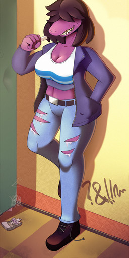 belt big_breasts bottomwear breasts brown_hair chalk classroom cleavage clothed clothing crop_top denim denim_bottomwear denim_clothing female footwear freckled_face freckles hair hair_over_eyes hand_in_pocket jacket jeans midriff non-mammal_breasts on_one_leg open_clothing open_jacket open_topwear pants pockets purple_body school sharp_teeth shirt shoes smile solo standing teeth tomboy topwear torn_bottomwear torn_clothing torn_jeans torn_pants don_ko deltarune undertale_(series) susie_(deltarune) reptile scalie 2018 hi_res