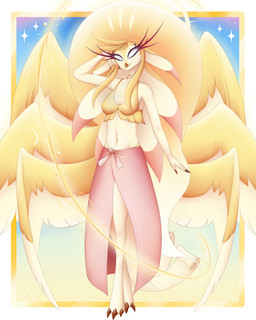 anthro beak breasts clothing ears_flat eyelashes feathered_wings feathers female glowing glowing_eyes long_ears long_eyelashes looking_at_viewer multi_wing narrowed_eyes smile solo standing summer_clothing wings blue-monedula hazbin_hotel hellaverse speaker_of_god_(hazbin_hotel) angel avian deity hi_res