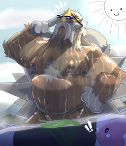 anthro belly big_belly convenient_censorship eyewear hair long_hair looking_at_viewer male moobs navel nipples nude_male overweight overweight_anthro overweight_male solo sunglasses water wet jasharts nintendo pokemon entei generation_2_pokemon generation_3_pokemon legendary_pokemon luvdisc pokemon_(species) hi_res