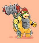 4_fingers anthro armor bracelet collar fingers holding_object humanoid_hands jewelry knee_pads male open_mouth open_smile orange_background simple_background smile solo spiked_bracelet spiked_collar spikes standing weapon kamui_shirow activision mario_bros nintendo skylanders skylanders_superchargers bowser koopa scalie 2016 hi_res