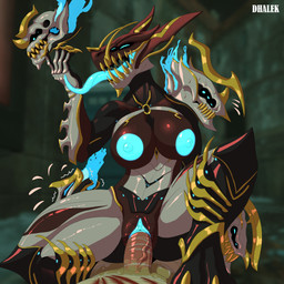 anthro armor bandage big_breasts blood bodily_fluids breasts claws clothing duo erection female female_penetrated genital_fluids genitals glowing glowing_eyes glowing_genitalia glowing_markings glowing_nipples licking long_tongue machine male male/female male_penetrating male_penetrating_female markings nervous nervous_sweat nipples penetration penis scratches self_lick sex sharp_teeth sweat sweatdrop teeth thick_thighs tongue vaginal vulva wounded dhalek digital_extremes tencent warframe dhalek_(dhalek) the_wanderer_(dhalek) voruna_(warframe) voruna_prime alien biomechanical canid canine humanoid mammal prime_warframe robot scalie warframe_(species) 1:1 absurd_res digital_media_(artwork) hi_res