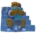 aged_down anthro blue_clothing blue_hoodie blue_jacket blue_topwear bodily_fluids bottomwear brown_body brown_fur brown_hair clothing countershade_snout countershading crying duo eyes_closed footwear fur grey_bottomwear grey_clothing grey_shorts hair hoodie hug jacket male shoes shorts sitting snout stairs tan_body tan_fur tears topwear chisa_sa morenatsu hiroyuki_(morenatsu) juuichi_mikazuki bear black_bear human mammal moon_bear ursine 2013 colored