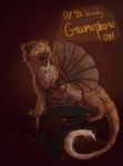 brown_body brown_fur feral fur gramophone male red_background simple_background solo speech_bubble teeth text whiskers ink_(artist) gef_the_talking_mongoose ghost herpestid mammal mongoose spirit english_text hi_res