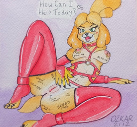 anthro areola arrow_pointing_to_crotch bent_legs black_nose body_writing breasts clothing degradation dialogue directional_arrow female fur genitals gold_piercing green_eyes handwear harness humanoid_hands latex latex_clothing latex_handwear latex_legwear latex_thigh_highs legwear looking_at_viewer navel nipple_piercing nipple_ring nipples open_mouth piercing pink_areola pink_nipples pink_vulva presenting presenting_vulva ring_piercing solo speech_bubble spread_legs spreading talking_to_viewer text thigh_highs vulva wearing_collar wearing_harness yellow_body yellow_fur ozkar2112 animal_crossing nintendo isabelle_(animal_crossing) canid canine canis domestic_dog mammal shih_tzu toy_dog 2026 english_description english_text hi_res traditional_media_(artwork)