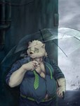 anthro blue_eyes bottomwear clothing detailed_background eyewear glasses humanoid_hands kemono male necktie outside overweight overweight_male pants raining shirt smoking solo topwear umbrella guadr lifewonders tokyo_afterschool_summoners leib_(tas) bear mammal polar_bear ursine 2021 absurd_res hi_res