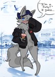 anthro beanie black_clothing black_hoodie black_pawpads black_topwear blue_beanie blue_clothing blue_eyes blue_hat blue_headwear blush blush_lines car clothing cupcake detailed_background dialogue food fur grey_body grey_fur grey_hair grey_inner_ear grey_inner_ear_fluff grey_nose hair hat hatchback headgear headwear holding_food holding_object hoodie inner_ear_fluff looking_away male medium_truck navel one_eye_closed outside parking_lot pawpads paws photo_background plant real solo speech_bubble standing text topwear tree truck tuft van vehicle youtube_logo imkrisyim costco youtube graywalf_(character) avian bird canid canine canis gull lari larid mammal wolf 2025 english_text hi_res photography_(artwork)