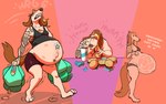 andromorph anthro belly beverage big_belly bikini blonde_hair bodily_fluids bottomwear breasts brown_hair brown_tail burger clothed clothing eating feet food fur hair huge_belly internal intersex motion_lines multicolored_hair onomatopoeia pregnant pregnant_andromorph pregnant_anthro pregnant_intersex shorts solo sound_effects standing sweat swimwear tail tan_body tan_fur tattoo teeth text toes topwear two-piece_swimsuit two_tone_hair ritts natey_(ritts) canid canine canis domestic_dog mammal english_text hi_res nonbinary_(lore)