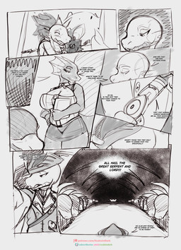 anthro bent_over breasts clothed clothing dialogue duo female first_person_view looking_at_viewer low-angle_view male outside profanity side_view smile text scalesindark canid canine kobold mammal scalie absurd_res comic english_text hi_res monochrome sketch url