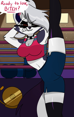 angry anthro bell black_clothing black_eyelids black_legwear black_thigh_highs blue_bottomwear blue_clothing blue_shorts bottomwear boxing_attire boxing_gloves bra breasts cleavage clothed clothed_anthro clothed_female clothing collar cross-popping_vein dialogue female fighting_ring flexible fur grey_body grey_fur hair hands_behind_head handwear inside legwear midriff narrowed_eyes navel offscreen_character on_one_leg pink_bra pink_clothing pink_sports_bra pink_underwear profanity pupils red_sclera shorts slit_pupils solo spiked_collar spikes sports_bra spread_legs spreading standing stretching tail text thigh_highs underwear white_body white_fur white_hair starpaintart hellaverse helluva_boss mythology loona_(helluva_boss) canid canid_demon canine demon hellhound mammal mythological_canine mythological_creature 2024 absurd_res english_text hi_res