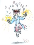 anthro black_body black_fur blue_clothing blue_coat blue_topwear bottomless brown_hair card clothed clothing coat featureless_crotch floating fur hair inner_ear_fluff levitating magician male playing_card red_body red_fur simple_background smile smirk solo spats topwear tuft white_background white_body white_fur white_inner_ear_fluff herbie_bearclaw canid canine fox mammal red_fox true_fox 2002 colored_pencil_(artwork) full-length_portrait portrait shaded signature traditional_media_(artwork)