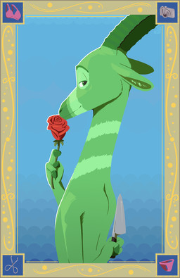 2_horns 3_fingers anthro blue_background border bra camera closed_smile clothing eyebrows fingers flower forceps fur gradient_background green_body green_eyes green_fur green_horn half-closed_eyes holding_flower holding_knife holding_object holding_rose hooved_fingers hooves horn knife looking_at_viewer looking_back looking_back_at_viewer male medical_instrument mouth_closed multicolored_body multicolored_fur narrowed_eyes panties plant raised_eyebrow rear_view rose_(flower) scientific_instrument simple_background smile solo striped_neck surgical_instrument tweezers underwear yellow_border conditional_dnp tangerine_(artist) the_weaver_(character) antelope bovid mammal 2025 aliasing binary_drawing dated digital_drawing_(artwork) digital_media_(artwork) half-length_portrait hi_res portrait signature