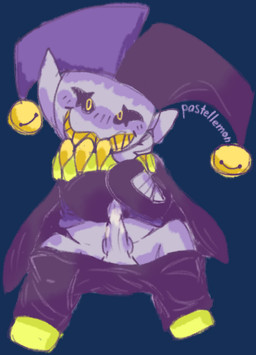 blush bodily_fluids bottomwear bottomwear_down clothed clothing genital_fluids genitals male not_furry pants pants_down partially_clothed penis precum solo spread_legs spreading deltarune undertale_(series) jevil_(deltarune) darkner 2018 alpha_channel