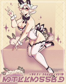 bare_shoulders big_breasts black_bow_tie black_clothing black_ears black_footwear black_high_heels black_spots blush bow_ribbon bow_tie breast_squish breasts bunny_costume circle_eyebrows clothing clothing_bow costume cuff_links ear_piercing ear_ring eyebrows eyelashes eyeshadow fake_ears fake_tail fan_tail female female_humanoid footwear gesture hair half-closed_eyes hand_gesture heart_(marking) high_heels humanoid_pointy_ears legwear light_body light_skin makeup markings mascara modelling mole_(marking) mole_under_eye narrowed_eyes not_furry pale_skin pattern_background pattern_clothing pattern_legwear pattern_thigh_highs pattern_topwear piercing plushie pointy_ears pose pseudo_hair pupils ring_piercing shoes short_hair simple_background slim_female slim_humanoid small_waist solo sparkles spots spotted_clothing spotted_legwear spotted_thigh_highs spotted_topwear squish star_pupils tan_background thigh_highs topwear v_sign white_clothing white_ear_ring white_legwear white_neckwear white_pseudo_hair white_thigh_highs white_topwear yellow_eyes yellow_pupils teethflavoured nintendo splatoon marie_(splatoon) aquatic aquatic_gastropod cephalopod gastropod humanoid inkling jorunna_parva mollusk nudibranch sea_slug slug 2023 constructed_language fictional_language hi_res pinup shaded signature soft_shading