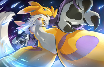 3_fingers action_pose anthro armwear black_sclera blue_eyes breasts bridal_gauntlets claws clothing dipstick_ears double_tomoe ear_markings elbow_gloves female fingers front_view fur genitals gloves handwear low-angle_view markings multicolored_body multicolored_breasts multicolored_ears navel nipples nude nude_female pawpads pink_nipples pose small_breasts small_waist solo spread_legs spreading thick_thighs tomoe_(symbol) tuft under_boob vulva white_body white_fur yellow_body dansyron bandai_namco digimon canid digimon_(species) mammal renamon 2024 digital_media_(artwork) hi_res