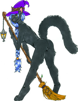 anthro broom butt cleaning_tool clothing female genitals hat headgear headwear lamp lantern looking_at_viewer magic_user mostly_nude solo vulva witch witch_hat hotpie domestic_cat felid feline felis mammal