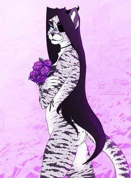 anthro black_body black_fur black_hair blue_eyes butt female flower fluffy fluffy_tail fur hair holding_object horn multicolored_body multicolored_fur multicolored_hair plant purple_hair simple_background smile solo tail two_tone_body two_tone_fur two_tone_hair white_body white_fur catherinemeow felid leopard mammal pantherine hi_res