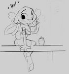 anthro bench blush bodily_fluids bottle clothed clothing container ears_tied_back female fully_clothed fur open_mouth open_smile simple_background sitting smile solo sweat sweatdrop water_bottle paperclip_(artist) disney zootopia judy_hopps lagomorph leporid mammal rabbit hi_res monochrome sketch