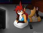 anthro clothing controller electronics female midriff remote_control shirt solo tank_top television topwear jknewlife sara_aria canid canine fox mammal hi_res