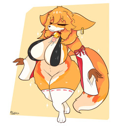:3 anthro big_breasts black_bra black_clothing black_underwear bodily_fluids border bra breasts brown_body brown_fur clothed clothing collar eyelashes eyes_closed featureless_crotch female fur huge_breasts legwear mostly_nude no_underwear saliva smile solo tail thick_thighs tongue tongue_out underwear white_body white_border white_clothing white_fur white_legwear wide_hips salchikokokoko canid canine fox mammal 1:1 hi_res