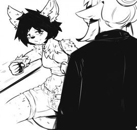 anthro aroused bottomwear breasts clothing container crop_top cup denim denim_bottomwear denim_clothing denim_shorts drunk drunk_sex duo female female/female fluffy navel rear_view shirt shorts substance_intoxication suit_jacket topwear pinacatte jade_ramirez aquatic bat fish mammal shark hi_res monochrome sketch
