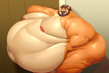 anthro beard belly belly_grab big_belly big_butt big_moobs big_nipples brown_beard brown_facial_hair brown_hair brown_mustache butt facial_hair fur green_eyes hair hand_on_chest huge_belly huge_moobs hyper hyper_moobs love_handles male moobs morbidly_obese morbidly_obese_anthro morbidly_obese_male mustache nipples nude obese obese_anthro obese_male one_eye_closed open_mouth orange_body orange_fur overweight overweight_anthro overweight_male pink_nipples pink_nose pink_tongue solo thick_thighs tongue wink pearypanda cerulien felid lion mammal pantherine hi_res