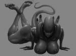 alien alien_(franchise) arm_support arms_bent bent_legs big_breasts breasts butt calves_up crossed_ankles feet female forward_arm_support grey_background humanoid lips lying monochrome monster nihilophant nipples not_furry raised_calf simple_background smile solo xenomorph