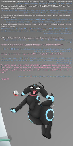 assimilation butt corruption crossgender female feral gender_transformation hypnosis in_heat mind_control profanity syringe text thick_thighs transformation allbadbadgers conditional_dnp nintendo pokemon eeveelution generation_2_pokemon pokemon_(species) shiny_pokemon umbreon 1:2 absurd_res english_text hi_res story story_in_description trans_(lore)