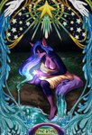 anthro art_nouveau blue_hair breasts card card_template clothed clothing detailed_background eyes_closed female flower fortune_telling fur glowing glowing_object glowing_star hair holding_object lakeside major_arcana nipples partially_clothed plant psychedelic purple_body purple_fur solo star tarot tarot_card the_star_(tarot) waterfall tsarinart canid canine canis mammal wolf hi_res