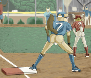 anthro anus athletic_gear baseball biped bulge bulge_from_behind clothing duo_focus genitals group hand_on_butt jockstrap male male_anthro outside perineum plantigrade underwear young young_anthro young_male petitluca domestic_ferret lagomorph leporid mammal mustelid musteline rabbit true_musteline weasel absurd_res hi_res