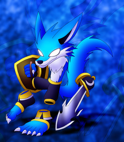 5_toes black_bottomwear black_clothing black_gloves black_handwear black_pants blue_body blue_fur bottomwear claws clothing feet fingerless_gloves floating_hands floating_torso footwear fur gloves handwear holding_melee_weapon holding_object holding_shield holding_sword holding_weapon humanoid_feet limbless male melee_weapon no_pupils pants plantigrade shield smile sword toe_claws toes weapon yellow_clothing ryoosakuling shino_the_wolf canid canine canis mammal wolf absurd_res digital_drawing_(artwork) digital_media_(artwork) hi_res