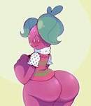 ambiguous_gender anthro big_butt big_hands blush bodily_fluids bottomless butt cherry clothed clothing curvy_figure fist food fruit glistening glistening_body glistening_butt glistening_pseudo_hair glistening_skin huge_butt leaf leaf_hair looking_back mostly_nude multicolored_body multicolored_clothing multicolored_shirt multicolored_topwear nervous nervous_sweat not_furry pattern_clothing pattern_shirt pattern_topwear pear-shaped_figure pink_body pink_clothing pink_shirt pink_skin pink_topwear plant plant_hair pseudo_hair rear_view shirt simple_background simple_eyes simple_face solo sweat sweatdrop text thick_thighs topwear two_tone_body white_clothing white_shirt white_topwear wide_hips yellow_background dozighost cheren_(dozighost) elemental_creature elemental_humanoid flora_fauna food_creature humanoid mammal 2023 artist_name colored digital_drawing_(artwork) digital_media_(artwork) english_text hi_res shaded signature watermark male_(lore)