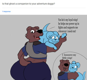 2_horns anthro armor black_bottomwear black_clothing black_eyes black_nose black_pants blue_body blue_clothing blue_horn blue_shirt blue_t-shirt blue_tail blue_topwear bottomwear breastplate brown_body brown_ears brown_fur brown_tail close-up clothed clothing dialogue duo exclamation_point eyes_closed fur ghost_tail happy heart_symbol heart_tongue horn hug hugging_another looking_at_viewer looking_back male markings mole_(marking) pants q&a question question_mark rear_view shirt short_tail smile t-shirt tail teeth text three-quarter_view tongue topwear white_eyes colossalstars biscuit_adams_(colossalstars) bovid canid canine canis caprine domestic_dog ghost mammal sheep spirit 2025 digital_media_(artwork) english_text hi_res